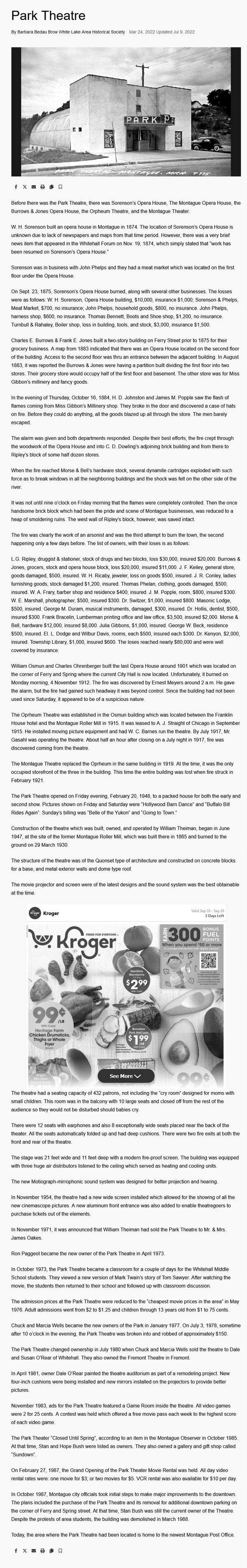 Park Theatre - White Lake Historical Society Article 2022 (newer photo)